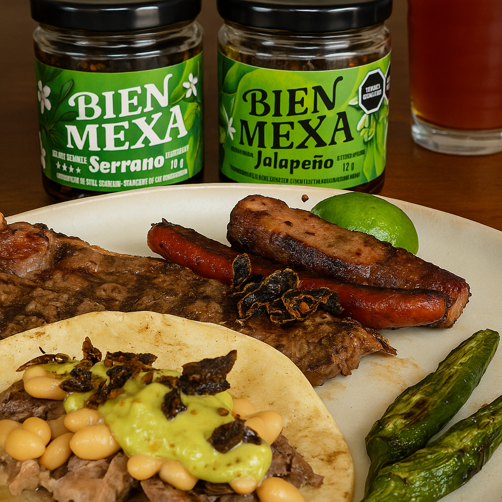 Taco de carne asada con Chicharrón de Chile Bien Mexa – auténtico sabor mexicano